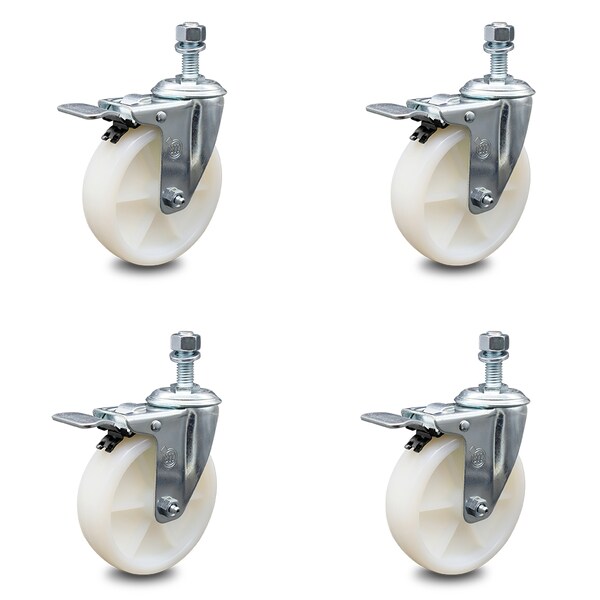 5 Inch Nylon Swivel 12mm Threaded Stem Caster Set with Total Lock Brake SCC